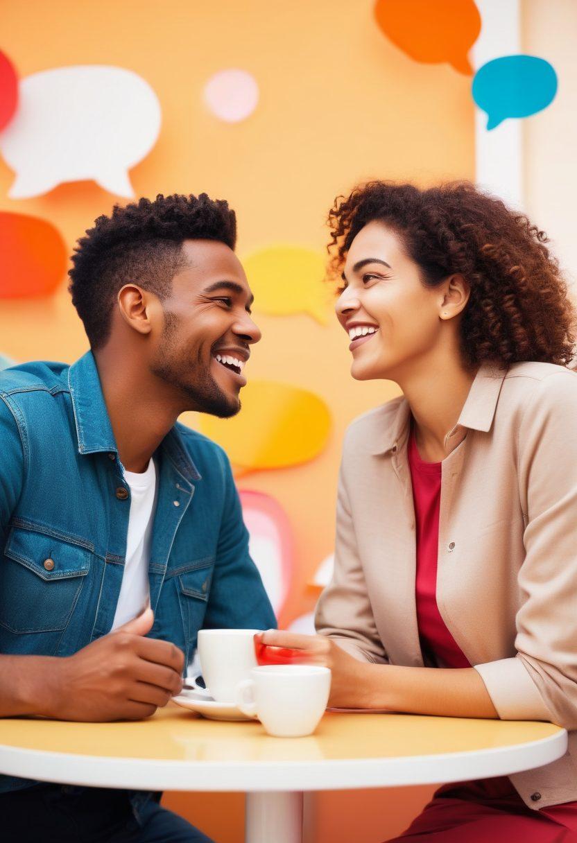 A joyful scene depicting two diverse individuals engaging in a lively conversation in a vibrant café setting, surrounded by colorful speech bubbles illustrating various communication tips. Include warm lighting that adds a cozy atmosphere, with soft-focus backgrounds of people communicating joyfully. Infuse elements of connection, understanding, and enthusiasm. cartoon style. vibrant colors. white background.