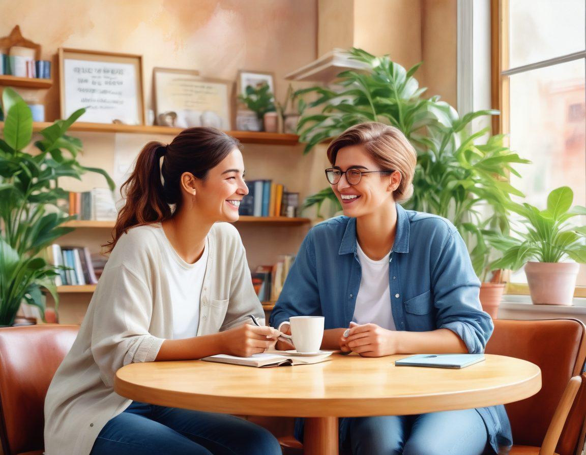 A warm and inviting coffee shop scene where two friends engage in a lively conversation, with animated speech bubbles illustrating delightful exchange of ideas. A cozy atmosphere with plants, books, and soft lighting enhancing the positive connection. Emphasize smiles and gestures to convey enthusiasm. watercolor style. vibrant colors. soft background.