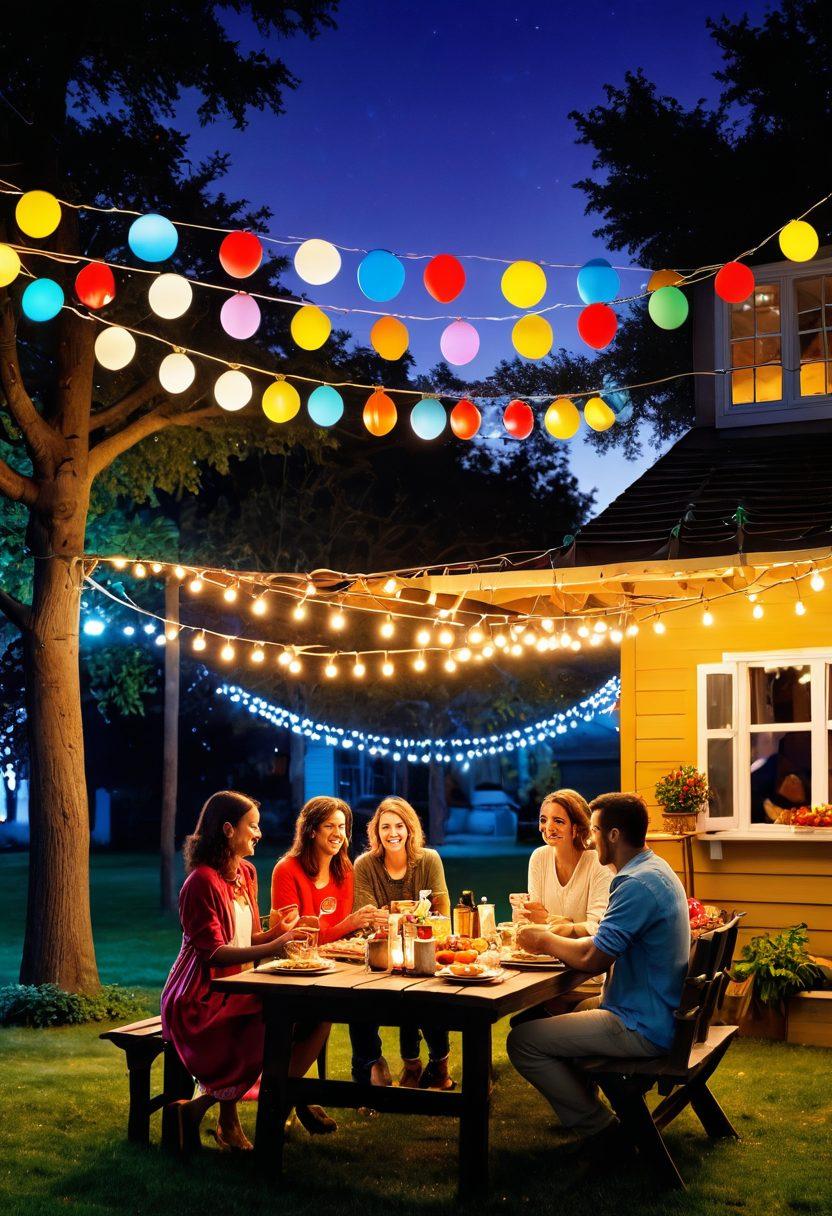 A vibrant scene depicting diverse groups of people engaged in cheerful, animated conversations under colorful outdoor strings of lights. Background includes a beautifully set picnic table with an array of delicious dishes, symbolizing sharing and joy. Bright balloons and playful decorations create a festive atmosphere, inviting the viewer to experience the joyful interactions. The characters display expressions of laughter and deep engagement, highlighting connection. super-realistic. vibrant colors. warm lighting.